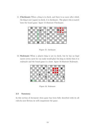 11. Checkmate When a king is in check, and there is no move after which
the king is not (again) in check, it is checkmate. The player who is mated
loses the board game. ﬁgure 15 illustrate Checkmate.
Figure 15: checkmate
12. Stalemate When a players king is not in check, but he has no legal
moves (every move he can make would place his king in check) then it is
stalemate and the board game is a draw. ﬁgure 16 illustrate Stalemate.
Figure 16: Stalemate
2.3 Summary
In this section of document chess game has been fully described with its all
rules.In next Section we will computerize the game.
13
 