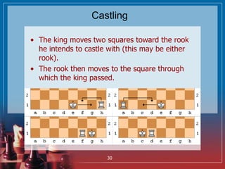 Castling
• The king moves two squares toward the rook
he intends to castle with (this may be either
rook).
• The rook then...