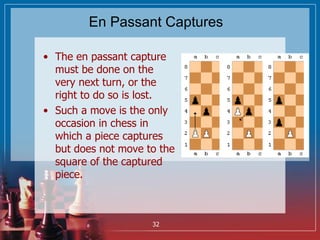 En Passant Captures
• The en passant capture
must be done on the
very next turn, or the
right to do so is lost.
• Such a m...