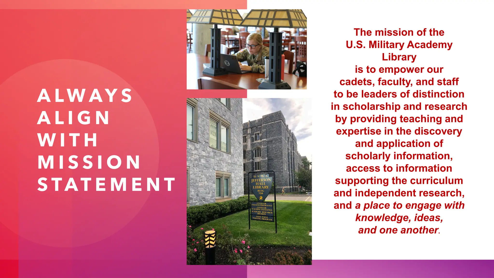 A LW AY S
A L I G N
W I T H
M I S S I O N
S TAT E M E N T
The mission of the
U.S. Military Academy
Library
is to empower our
cadets, faculty, and staff
to be leaders of distinction
in scholarship and research
by providing teaching and
expertise in the discovery
and application of
scholarly information,
access to information
supporting the curriculum
and independent research,
and a place to engage with
knowledge, ideas,
and one another.
 
