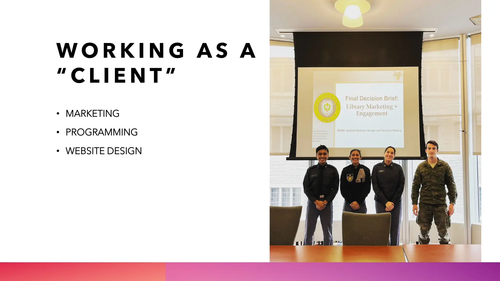 W O R K I N G A S A
“ C L I E N T ”
• MARKETING
• PROGRAMMING
• WEBSITE DESIGN
 