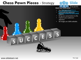 Chess Pawn Pieces - Strategy
                                YOUR TEXT GOES HERE
                                 • Your text goes here
                                 • Download this awesome
                                    diagram
                                 • Bring your presentation to life.
                                 • Capture your audience’s
                                    attention
                                 • All images are 100% editable.




www.slideteam.net                                         Your Logo
 