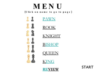 MENU (Click on name to go to page) PAWN ROOK KNIGHT B ISHOP QUEEN K ING RE VIEW START 
