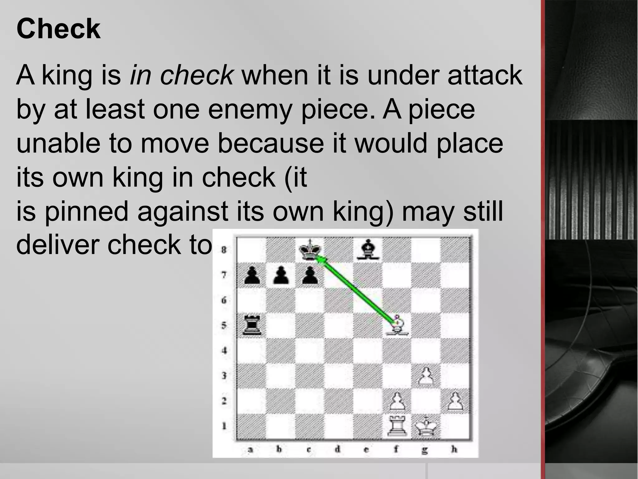 Check
A king is in check when it is under attack
by at least one enemy piece. A piece
unable to move because it would place
its own king in check (it
is pinned against its own king) may still
deliver check to the opposing player.
 