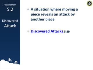 • A situation where moving a
piece reveals an attack by
another piece
• Discovered Attacks 5:39
Requirement
5.2
Discovered...