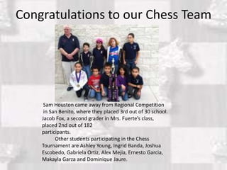 Congratulations to our Chess Team




     Sam Houston came away from Regional Competition
     in San Benito, where they placed 3rd out of 30 school.
    Jacob Fox, a second grader in Mrs. Fuerte’s class,
    placed 2nd out of 182
    participants.
          Other students participating in the Chess
    Tournament are Ashley Young, Ingrid Banda, Joshua
    Escobedo, Gabriela Ortiz, Alex Mejia, Ernesto Garcia,
    Makayla Garza and Dominique Jaure.
 