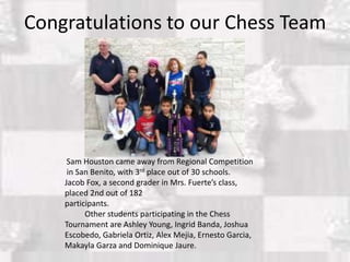 Congratulations to our Chess Team




     Sam Houston came away from Regional Competition
     in San Benito, with 3rd place out of 30 schools.
    Jacob Fox, a second grader in Mrs. Fuerte’s class,
    placed 2nd out of 182
    participants.
          Other students participating in the Chess
    Tournament are Ashley Young, Ingrid Banda, Joshua
    Escobedo, Gabriela Ortiz, Alex Mejia, Ernesto Garcia,
    Makayla Garza and Dominique Jaure.
 
