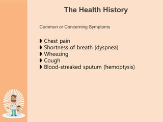 The Health History
Common or Concerning Symptoms
◗ Chest pain
◗ Shortness of breath (dyspnea)
◗ Wheezing
◗ Cough
◗ Blood-streaked sputum (hemoptysis)
 