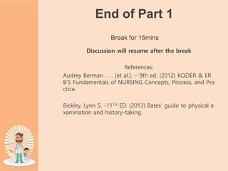 End of Part 1
Break for 15mins
Discussion will resume after the break
References:
Audrey Berman . . . [et al.]. – 9th ed. (2012) KOZIER & ER
B’S Fundamentals of NURSING Concepts, Process, and Pra
ctice.
Bickley, Lynn S. -11TH ED. (2013) Bates’ guide to physical e
xamination and history-taking.
 