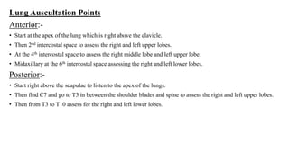 Lung Auscultation Points
Anterior:-
• Start at the apex of the lung which is right above the clavicle.
• Then 2nd intercostal space to assess the right and left upper lobes.
• At the 4th intercostal space to assess the right middle lobe and left upper lobe.
• Midaxillary at the 6th intercostal space assessing the right and left lower lobes.
Posterior:-
• Start right above the scapulae to listen to the apex of the lungs.
• Then find C7 and go to T3 in between the shoulder blades and spine to assess the right and left upper lobes.
• Then from T3 to T10 assess for the right and left lower lobes.
 