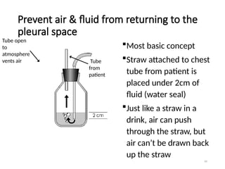 69
Prevent air & fluid from returning to the
pleural space
Most basic concept
Straw attached to chest
tube from patient is
placed under 2cm of
fluid (water seal)
Just like a straw in a
drink, air can push
through the straw, but
air can’t be drawn back
up the straw
Tube open
to
atmosphere
vents air Tube
from
patient
 