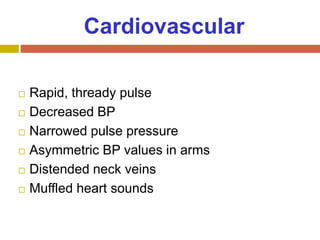 Cardiovascular
 Rapid, thready pulse
 Decreased BP
 Narrowed pulse pressure
 Asymmetric BP values in arms
 Distended neck veins
 Muffled heart sounds
 
