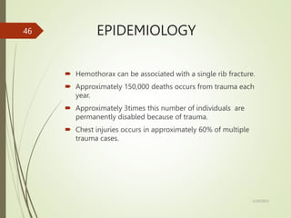 EPIDEMIOLOGY
 Hemothorax can be associated with a single rib fracture.
 Approximately 150,000 deaths occurs from trauma each
year.
 Approximately 3times this number of individuals are
permanently disabled because of trauma.
 Chest injuries occurs in approximately 60% of multiple
trauma cases.
5/29/2023
46
 