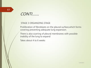 CONTI…….
STAGE 3 ORGANIZING STAGE
Proliferation of fibroblasts on the pleural surface,which forms
covering preventing adequate lung expansion.
There is also scarring of pleural membranes with possible
inability of the lung to expand
Takes about 4 to 6 weeks
5/29/2023
61
 