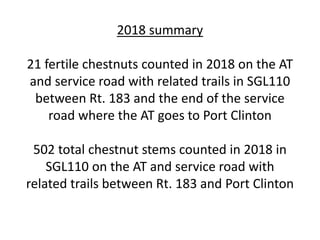 2018 summary
21 fertile chestnuts counted in 2018 on the AT
and service road with related trails in SGL110
between Rt. 183 and the end of the service
road where the AT goes to Port Clinton
502 total chestnut stems counted in 2018 in
SGL110 on the AT and service road with
related trails between Rt. 183 and Port Clinton
 