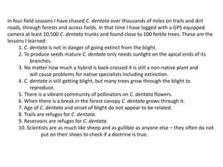 In four field seasons I have chased C. dentata over thousands of miles on trails and dirt
roads, through forests and across fields. In that time I have logged with a GPS equipped
camera at least 10,500 C. dentata trunks and found close to 100 fertile trees. These are the
lessons I learned:
1. C. dentata is not in danger of going extinct from the blight.
2. To produce seeds mature C. dentata only needs sunlight on the apical ends of its
branches.
3. No matter how much a hybrid is back-crossed it is still a non-native plant and
will cause problems for native specialists including extinction.
4. C. dentata is still getting blight, but many trees grow through the blight to
reproduce.
5. There is a vibrant community of pollinators on C. dentata flowers.
6. When there is a break in the forest canopy C. dentata grows through it.
7. Age of C. dentata and onset of blight do not appear to be related.
8. Trails are refuges for C. dentata.
9. Reservoirs are refuges for C. dentata.
10. Scientists are as much like sheep and as gullible as anyone else – they often do not
put on their shoes to check if a doctrine is true.
 