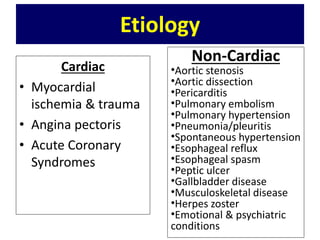 Etiology
Cardiac
• Myocardial
ischemia & trauma
• Angina pectoris
• Acute Coronary
Syndromes
Non-Cardiac
•Aortic stenosis
•Aortic dissection
•Pericarditis
•Pulmonary embolism
•Pulmonary hypertension
•Pneumonia/pleuritis
•Spontaneous hypertension
•Esophageal reflux
•Esophageal spasm
•Peptic ulcer
•Gallbladder disease
•Musculoskeletal disease
•Herpes zoster
•Emotional & psychiatric
conditions
 