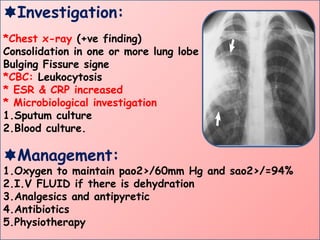 Investigation:
*Chest x-ray (+ve finding)
Consolidation in one or more lung lobe
Bulging Fissure signe
*CBC: Leukocytosis
* ESR & CRP increased
* Microbiological investigation
1.Sputum culture
2.Blood culture.
Management:
1.Oxygen to maintain pao2>/60mm Hg and sao2>/=94%
2.I.V FLUID if there is dehydration
3.Analgesics and antipyretic
4.Antibiotics
5.Physiotherapy
 