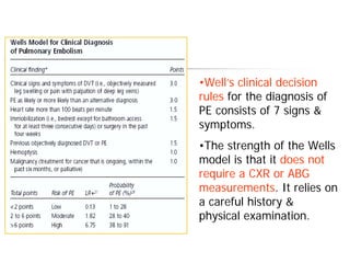 •Well’s clinical decision
rules for the diagnosis of
PE consists of 7 signs &
symptoms.
•The strength of the Wells
model is that it does not
require a CXR or ABG
measurements. It relies on
a careful history &
physical examination.
 