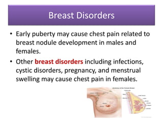 Breast Disorders
• Early puberty may cause chest pain related to
breast nodule development in males and
females.
• Other breast disorders including infections,
cystic disorders, pregnancy, and menstrual
swelling may cause chest pain in females.
 