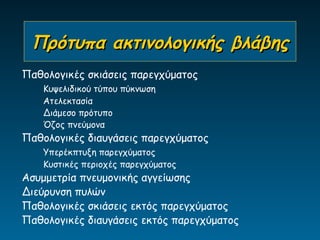 Πρότυπα ακτινολογικής βλάβης
Παθολογικές σκιάσεις παρεγχύματος
    Κυψελιδικού τύπου πύκνωση
    Ατελεκτασία
    Διάμεσο πρότυπο
    Όζος πνεύμονα
Παθολογικές διαυγάσεις παρεγχύματος
    Υπερέκπτυξη παρεγχύματος
    Κυστικές περιοχές παρεγχύματος
Ασυμμετρία πνευμονικής αγγείωσης
Διεύρυνση πυλών
Παθολογικές σκιάσεις εκτός παρεγχύματος
Παθολογικές διαυγάσεις εκτός παρεγχύματος
 