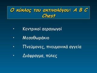 Ο κύκλος του ακτινολόγου: A B C
             Chest

 •   Κεντρικοί αεραγωγοί

 •   Μεσοθωράκιο

 •   Πνεύμονες, πνευμονικά αγγεία

 •   Διάφραγμα, πύλες
 