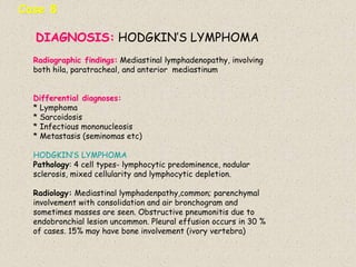 Case 8
DIAGNOSIS: HODGKIN’S LYMPHOMA
Radiographic findings: Mediastinal lymphadenopathy, involving
both hila, paratracheal, and anterior mediastinum
Differential diagnoses:
* Lymphoma
* Sarcoidosis
* Infectious mononucleosis
* Metastasis (seminomas etc)
HODGKIN’S LYMPHOMA
Pathology: 4 cell types- lymphocytic predominence, nodular
sclerosis, mixed cellularity and lymphocytic depletion.
Radiology: Mediastinal lymphadenpathy,common; parenchymal
involvement with consolidation and air bronchogram and
sometimes masses are seen. Obstructive pneumonitis due to
endobronchial lesion uncommon. Pleural effusion occurs in 30 %
of cases. 15% may have bone involvement (ivory vertebra)
 