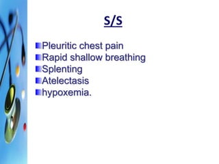 S/S 
Pleuritic chest pain 
Rapid shallow breathing 
Splenting 
Atelectasis 
hypoxemia. 
 