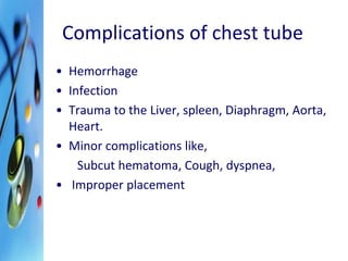 Complications of chest tube 
• Hemorrhage 
• Infection 
• Trauma to the Liver, spleen, Diaphragm, Aorta, 
Heart. 
• Minor complications like, 
Subcut hematoma, Cough, dyspnea, 
• Improper placement 
 