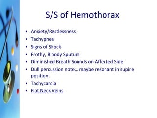 S/S of Hemothorax 
• Anxiety/Restlessness 
• Tachypnea 
• Signs of Shock 
• Frothy, Bloody Sputum 
• Diminished Breath Sounds on Affected Side 
• Dull percussion note… maybe resonant in supine 
position. 
• Tachycardia 
• Flat Neck Veins 
 