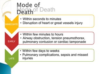 IMMEDIATE
• Within seconds to minutes
• Disruption of heart or great vessels injury
EARLY
• Within few minutes to hours
• Airway obstruction, tension pneumothorax,
pulmonary contusion or cardiac tamponade
LATE
• Within few days to weeks
• Pulmonary complications, sepsis and missed
injuries
 