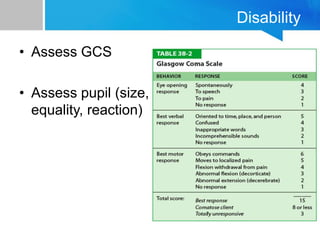 Disability
• Assess GCS
• Assess pupil (size,
equality, reaction)
 