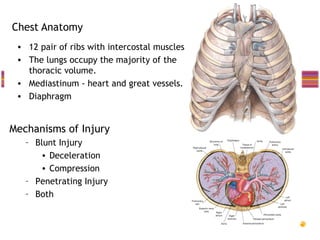 Chest Anatomy
 • 12 pair of ribs with intercostal muscles.
 • The lungs occupy the majority of the
   thoracic volume.
 • Mediastinum - heart and great vessels.
 • Diaphragm


Mechanisms of Injury
   – Blunt Injury
      • Deceleration
      • Compression
   – Penetrating Injury
   – Both
 