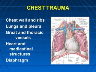 CHEST TRAUMA
Chest wall and ribs
Lungs and pleura
Great and thoracic
vessels
Heart and
mediastinal
structures
Diaphragm
 