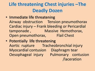Life threatening Chest injuries –The
Deadly Dozen
• Immediate life threatening
Airway obstruction Tension pneumothorax
Car...