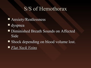 S/S of HemothoraxS/S of Hemothorax
 Anxiety/RestlessnessAnxiety/Restlessness
 dyspneadyspnea
 Diminished Breath Sounds on AffectedDiminished Breath Sounds on Affected
SideSide
 Shock depending on blood volume lost.Shock depending on blood volume lost.
 Flat Neck VeinsFlat Neck Veins
 