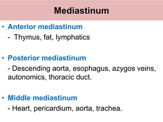 Mediastinum
• Anterior mediastinum
- Thymus, fat, lymphatics
• Posterior mediastinum
- Descending aorta, esophagus, azygos veins,
autonomics, thoracic duct.
• Middle mediastinum
- Heart, pericardium, aorta, trachea.
 