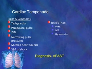 Cardiac Tamponade
Diagnosis- eFAST
Signs & Symptoms
Tachycardia
Paradoxical pulse
JVD
Narrowing pulse
pressures
Muffled heart sounds
S&S of shock
Beck’s Triad
MHS
JVD
Hypotension
 