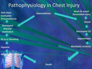 Pathophysiology in Chest Injury
Flail chest
Contusion
Pneumothorax
Haemothorax
Heart & vessel
Associated injury
Decreased
alveolar
ventilation
Shock
Rt to Lt Shunting
Decreased CO
Hypoxia
Hypotension
Respiratory Acidosis
Metabolic Acidosis
Death
 