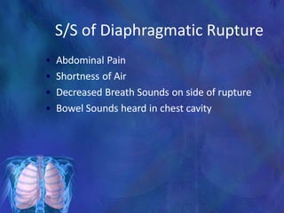 S/S of Diaphragmatic Rupture
• Abdominal Pain
• Shortness of Air
• Decreased Breath Sounds on side of rupture
• Bowel Sounds heard in chest cavity
 
