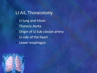 Lt A/L Thoracotomy
• Lt lung and hilum
• Thoracic Aorta
• Origin of Lt Sub clavian artery
• Lt side of the heart
• Lower esophagus
 