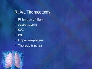 Rt A/L Thoracotomy
• Rt lung and hilum
• Azygous vein
• SVC
• IVC
• Upper esophagus
• Thoracic trachea
134
 