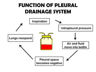 FUNCTION OF PLEURAL
DRAINAGE SYSTEM
Inspiration
Intrapleural pressure
Air and fluid
move into bottle
Pleural space
becomes negative
Lungs reexpand
 