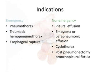 Indications
Emergency
• Pneumothorax
• Traumatic
hemopneumothorax
• Esophageal rupture
Nonemergency
• Pleural effusion
• Empyema or
parapneumonic
effusion
• Cyclothorax
• Post pneumonectomy
bronchopleural fistula
 