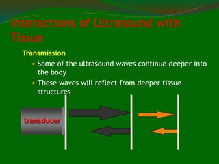 Transmission
 Some of the ultrasound waves continue deeper into
the body
 These waves will reflect from deeper tissue
structures
transducer
Interactions of Ultrasound with
Tissue
 