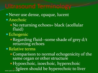 www.upei.ca/~vetrad
Ultrasound Terminology
 Never use dense, opaque, lucent
 Anechoic
 No returning echoes= black (acellular
fluid)
 Echogenic
 Regarding fluid--some shade of grey d/t
returning echoes
 Relative terms
 Comparison to normal echogenicity of the
same organ or other structure
 Hypoechoic, isoechoic, hyperechoic
 Spleen should be hyperechoic to liver
 