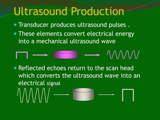 Ultrasound Production
 Transducer produces ultrasound pulses .
 These elements convert electrical energy
into a mechanical ultrasound wave
 Reflected echoes return to the scan head
which converts the ultrasound wave into an
electrical signal
 