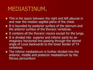 SUPERIOR MEDIASTINUM
It is located above a
horizontal line drawn from
the angle of Louis posteriorly
to the spine.
 Also ...