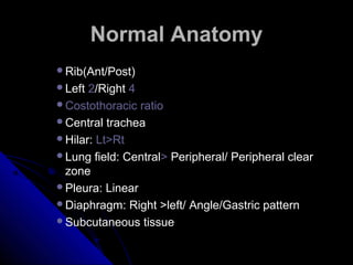 NNoorrmmaall AAnnaattoommyy 
RRiibb((AAnntt/PPoosstt)) 
LLeefftt 22/RRiigghhtt 44 
CCoossttootthhoorraacciicc rraattiioo 
CCeennttrraall ttrraacchheeaa 
HHiillaarr:: LLtt>>RRtt 
LLuunngg ffiieelldd:: CCeennttrraall>> PPeerriipphheerraall/ PPeerriipphheerraall cclleeaarr 
zzoonnee 
PPlleeuurraa:: LLiinneeaarr 
DDiiaapphhrraaggmm:: RRiigghhtt >>lleefftt/ AAnnggllee/GGaassttrriicc ppaatttteerrnn 
SSuubbccuuttaanneeoouuss ttiissssuuee 
6 
 