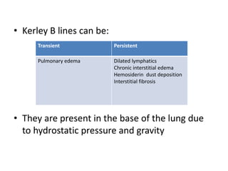 • Kerley B lines can be:
      Transient            Persistent

      Pulmonary edema      Dilated lymphatics
                           Chronic interstitial edema
                           Hemosiderin dust deposition
                           Interstitial fibrosis




• They are present in the base of the lung due
  to hydrostatic pressure and gravity
 